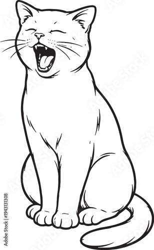 Cat Yawning Sitting Three Quarter View Black and White Line Art Illustration