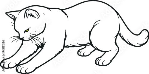 Cat Kneading Paws Side View Black and White Line Art Illustration
