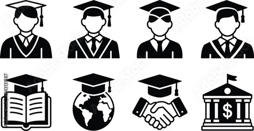 Graduation and Academic Achievement Vector Icon Set Featuring Student Avatars, Mortarboards, and Educational Success Symbols Isolated on White Background
