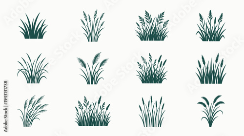 A collection of various green grass icons arranged in rows on a plain surface