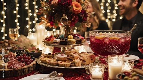 Elegant food display on a table with various dishes and beverages