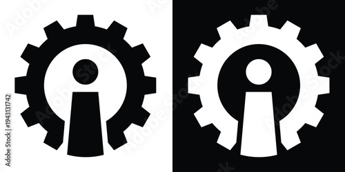 System information and technical details icon. A gear silhouette containing an "i" symbol for mechanical specifications, settings info, and industrial data guidance.
