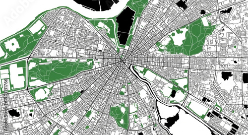 Detailed City Map Illustration with Green Spaces and Urban Layout.