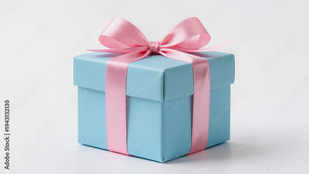 Obraz premium Elegant Blue Gift Box with Pink Ribbon on White Background - Celebration Present