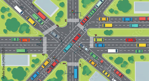Aerial View of Busy City Intersection with Traffic.