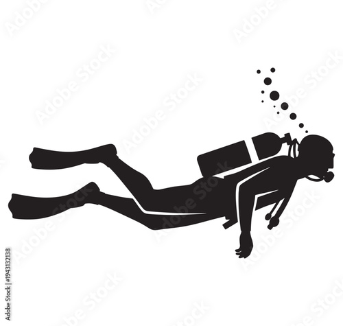 scuba diver swimming underwater with oxygen tank and bubbles