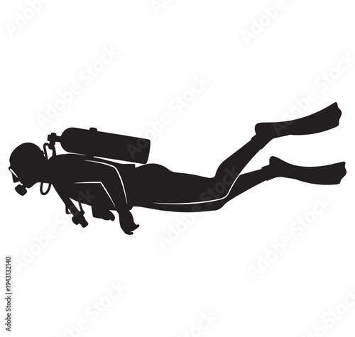 scuba diver swimming underwater with oxygen tank and flippers