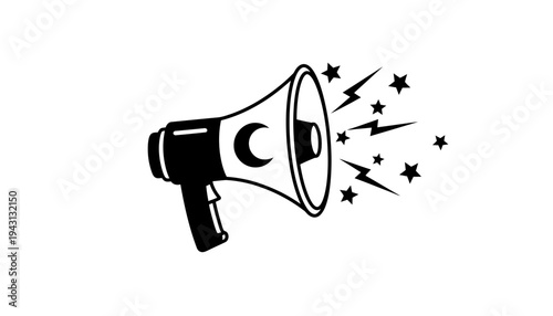 A megaphone icon with a crescent moon and stars illustration