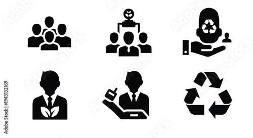 Set of 6 black and white vector business and sustainability icons featuring people, recycling, and environmental themes for corporate responsibility designs