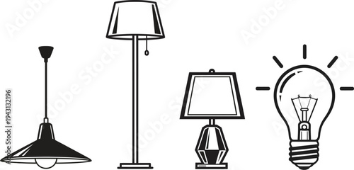 A lamp vector illustration set including a floor lamp and light bulb