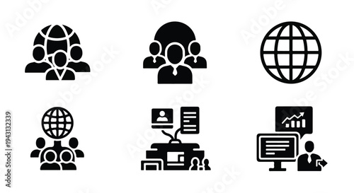 Set of 6 Business and Global Communication Vector Icons: Flat Black Silhouettes for Teamwork, Conference, and Worldwide Connection Concepts