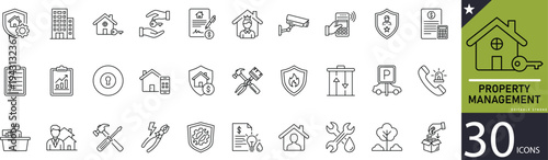 Minimal Property Management line icons for real estate, building, rent, maintenance, tenants, and housing services. Editable vector icons with clean strokes. Perfect for real estate apps, property ser
