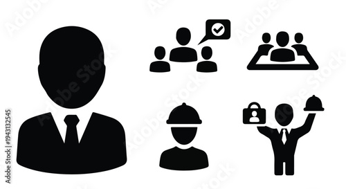 Set of 6 Black Silhouette Business People and Professional Occupation Icons Vector for Website, App, and Presentation Design