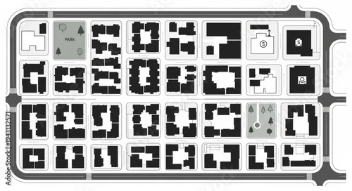 Overhead view of a city block layout with buildings and streets.