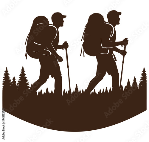 silhouette of two hikers walking in the woods with backpacks and trekking poles