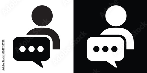 Customer support and user chat icon. A person silhouette with speech bubbles representing a help desk, live agent, consultant, or social media interaction.