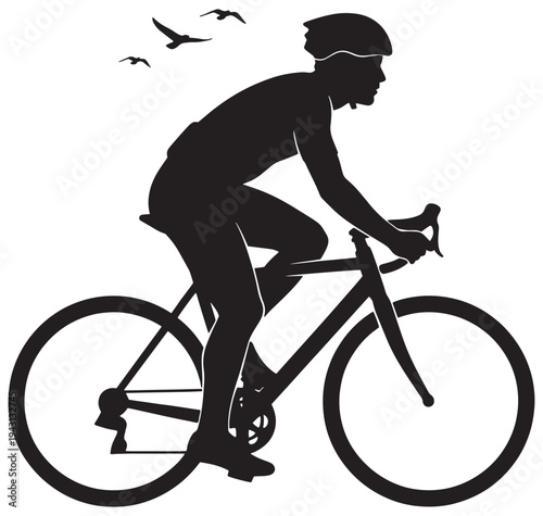 silhouette of a cyclist riding a bicycle with birds flying overhead in the background