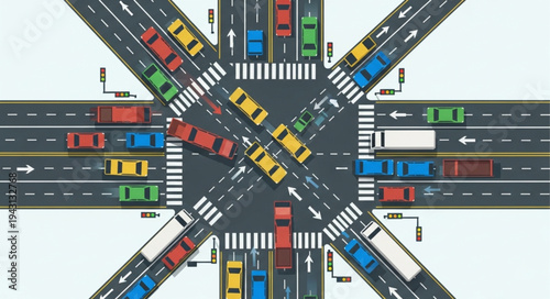 Aerial View of a Busy Intersection with Cars and Crosswalks.