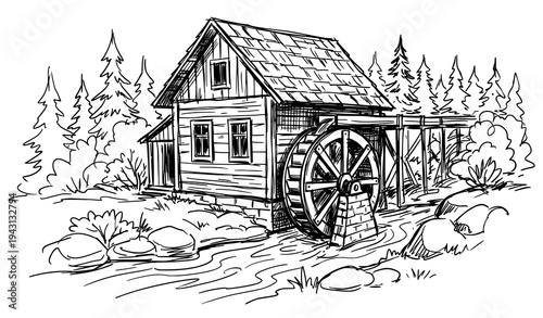 Rustic water wheel mill near forest stream hand drawn vintage sketch vector