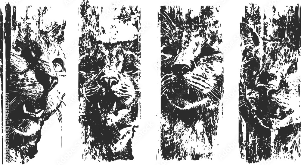 Fototapeta premium Four artistic vertical tiger portraits in black and white ink brush with textured details