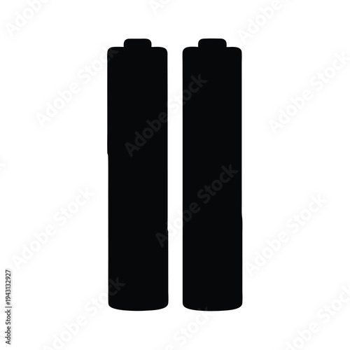 Two Black Cylindrical AA Batteries Standing Side by Side on a White Background