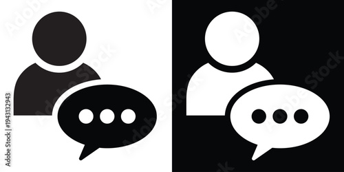 Customer support and user chat icon. A person silhouette with speech bubbles representing a help desk, live agent, consultant, or social media interaction.