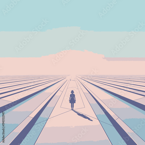 Lone woman walking on a surreal, geometric pathway towards a distant horizon under a pastel sky