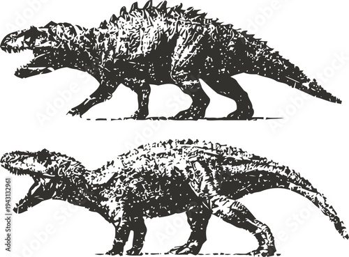 Two vintage dinosaur illustrations ancient prehistoric reptile monsters with textured skin and fierce jaws