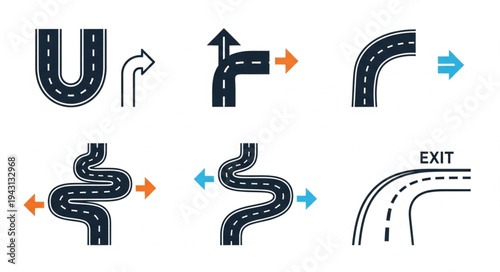 Road Direction Icons - U-Turn, Turn, Exit, and Winding Paths.