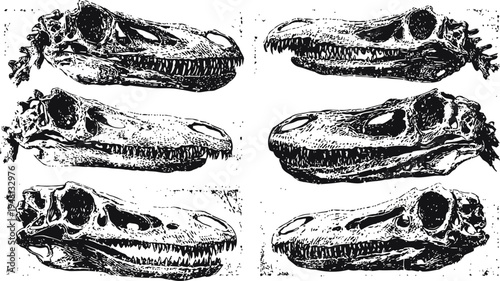 Detailed scientific illustrations of alligator skulls from various angles showing bones and teeth structure