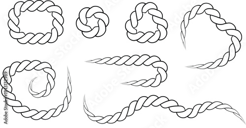 Set of Rope Knots and Loops Vector Illustration and Set of Twisted Rope Vector Elements