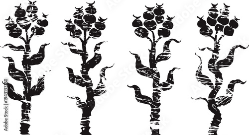 Black distressed tomato plant silhouette with ripe tomatoes in four variations