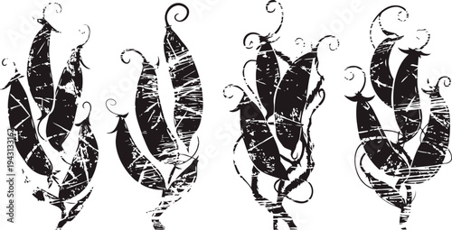 Grunge floral silhouette set decorative black leaves and curls vintage ornamental nature design elements