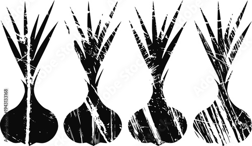 four grunge styled onion silhouettes with leaves lined up in a row