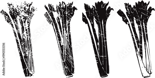 Celery bundles silhouette set with detailed leaves and stalks isolated on white background