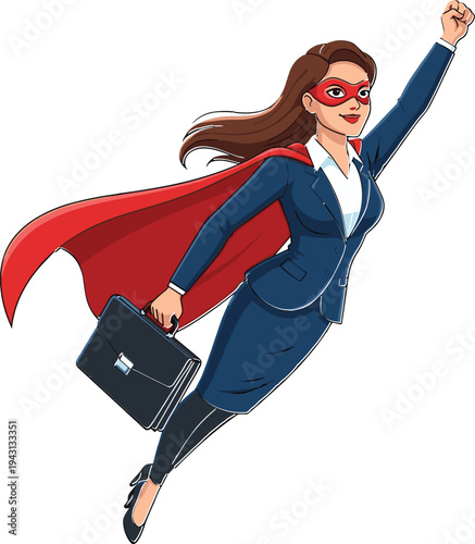Businesswoman superhero flying with briefcase wearing suit, mask and red cape powerful corporate leader concept female entrepreneur success motivation vector illustration isolated