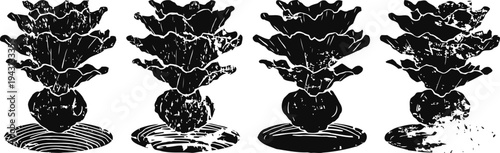 four black ink illustrations of pine cones with textured shading on circular patterns