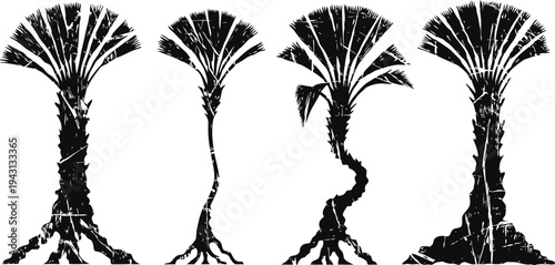 Black abstract palm tree silhouettes with twisted trunks and detailed roots for tropical design