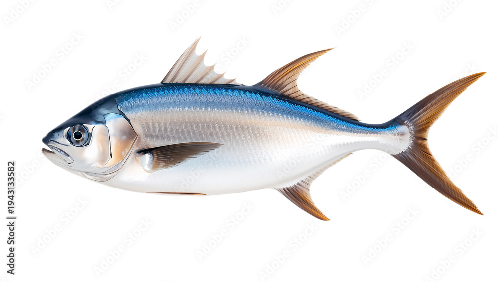 Fototapeta premium A vivid high-resolution side-profile photograph of a striking blue and silver fish swimming majestically, showcasing its aquatic grace