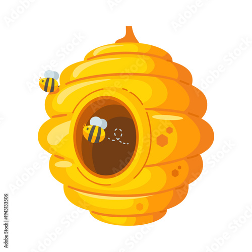Cartoon Beehive Home with Bees, Isolated on White Background in Vector Graphic Style