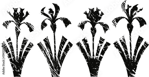 black floral silhouettes with textured effect, vintage botanical design elements set