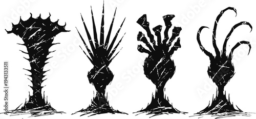 Abstract black ink plants silhouettes with spiky and curved leaves in minimalistic