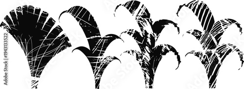 Abstract black and white tropical palm leaves pattern design with spiky curved shapes on white background