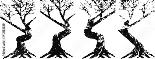 Abstract black twisted trees with leafless branches in silhouette on white background