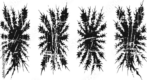 Four black silhouettes of wild grass bunches arranged vertically on white background