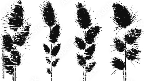 Black and white silhouette of four different wheat stalks isolated on white background for natural grain or agriculture concept