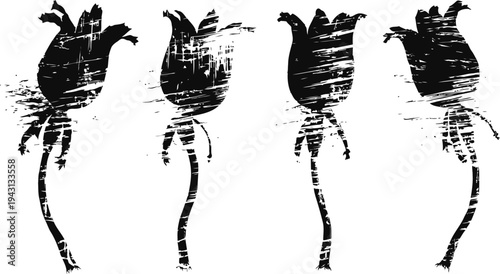 grunge black tulip silhouettes distressed floral design set with rough texture and vintage
