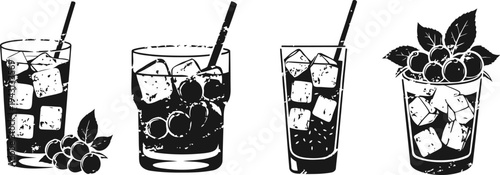 Four black and white illustrations of ice cold beverages with berries and straws in glasses