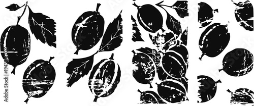 Vintage lemon silhouettes with leaves in black and white grunge set