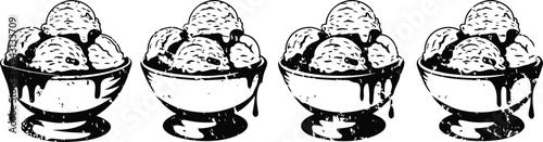 Four bowls filled with scoops of ice cream in a row, black and white hand drawn illustration